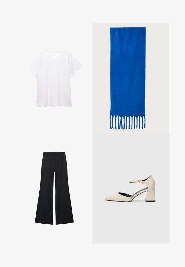 T-shirt bianco realizzato in un tessuto morbido e leggero. Presenta un collo rotondo e maniche corte e larghe con vestibilità morbida. Nessun motivo visibile.; Pantaloni neri a gamba larga con una texture liscia, caratterizzati da pieghe frontali e un design sartoriale. Il tessuto è leggero e fluido.; Scarpe con tacco a blocco in finta pelle beige, con punta appuntita, cinturino alla caviglia e dettagli in sottile texture coccodrillo. Fodera interna nera.; Sciarpa blu con frange, realizzata in tessuto morbido; presenta un colore uniforme con una superficie testurizzata e frange tagliate in modo uniforme nella parte inferiore.