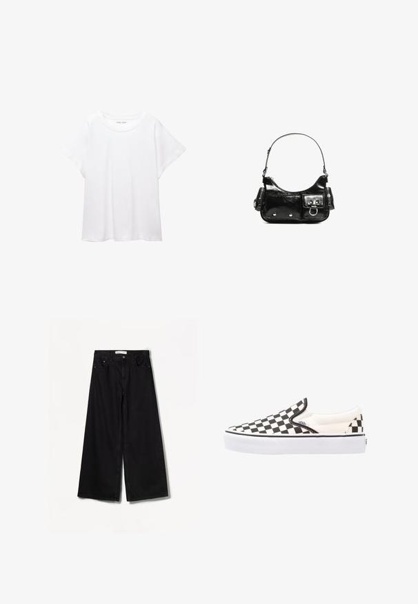 Hvid T-shirt lavet af blødt, let stof. Har en rund halsudskæring og korte, brede ærmer med en afslappet pasform. Ingen synlige mønstre.; Bershka WIDE-LEG - Wide leg - black; Sort-hvide ternede slip-on Vans sko med overdel i lærred, gummisål og polstret krave. Flad, rund tå med hvide sål accenter.; Sort patenteret læder håndtaske med en buet form, en skulderrem, frontlommer og hardware accenter i sølvfarve.