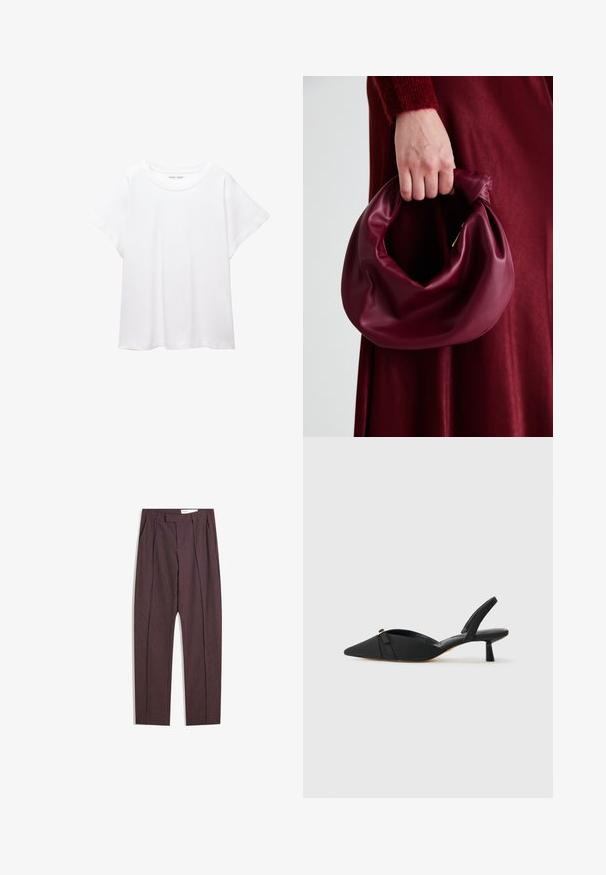 Fehér póló, puha, könnyű anyagból készült. Kerek nyakú, rövid, széles ujjaival és laza szabásával rendelkezik. Nincsenek látható minták.; Lila csíkos nadrág pliszírozott részletekkel, magas derékkal és egyenes szárú fazonnal. Simább, textúrált anyagból készült.; Fekete félcipők hegyes orral, textil felsőrésszel, masni díszítéssel a vamp részén, és alacsony, hengeres sarokkal.; Burgundi bőrtáska puhán ráncolt dizájnnal és kerek alakban. A fogantyú rögzítve van, sima textúrával rendelkezik.