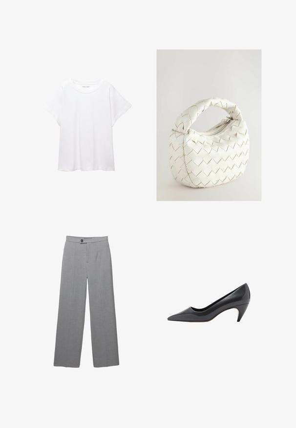 Bílý tričko vyrobené z měkké, lehké tkaniny. Má kulatý výstřih a krátké, široké rukávy s uvolněným střihem. Bez viditelných vzorů.; Šedé upravené kalhoty s širokými nohavicemi, plochým předním dílem a jemnou texturou. Obsahují zapínání na jeden knoflík a čisté linie.; Černé lakové lodičky s špičatou špičkou a zúženým, středně vysokým podpatkem. Hladká textura a minimální designové prvky.; Bílá tkaná kabelka s zaoblenou rukojetí, vybavená zipovým uzávěrem a polstrovanou texturou. Hladký povrch a geometrický vzor na přední straně.