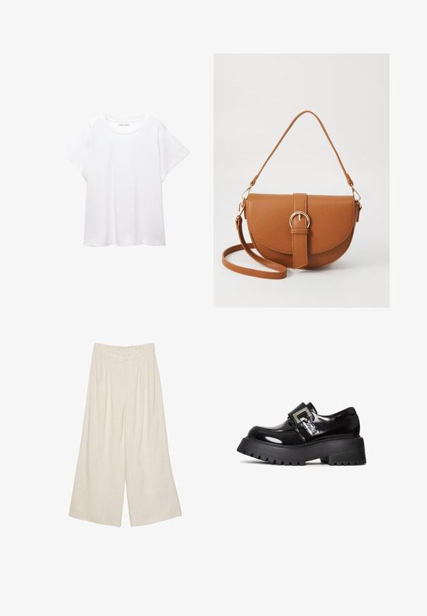 Biała koszulka wykonana z miękkiej, lekkiej tkaniny. Posiada okrągły dekolt oraz krótkie, szerokie rękawy, zapewniające luźny krój. Brak widocznych wzorów.; Lnianowe spodnie o szerokich nogawkach w jasnym beżowym kolorze z plisowanym wzorem i elastycznym pasem dla komfortu i swobody noszenia.; Czarne, lakierowane buty na platformie z grubą podeszwą, z akcentem w postaci klamry i smukłym designem. Teksturowana bieżnia zapewniająca przyczepność.; Brązowa skórzana torba na ramię o zaokrąglonym kształcie, ze złotymi akcentami i zapięciem w formie klamry. Posiada odpinany pasek na ramię.