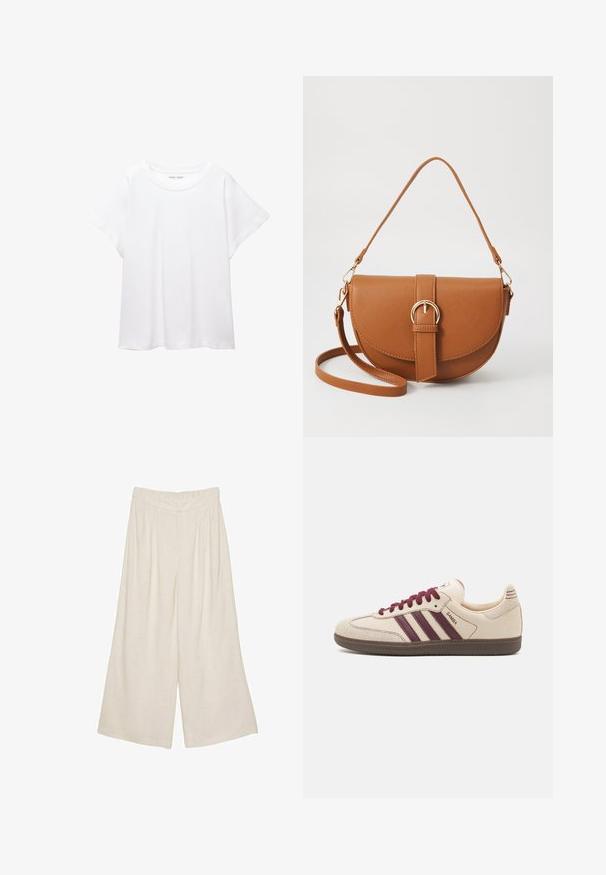 Vit t-shirt som är gjord av mjukt, lätt tyg. Har en rund halsringning och korta, vida ärmar med en avslappnad passform. Inga synliga mönster.; Linnenbyxor med vida ben i en ljusbeige färg, med en plisserad design och ett elastiskt midjeband för komfort och enkel användning.; adidas Originals SAMBA OG - Sneakers - white/maroon/putty grey; Brun läder crossbody-väska med en böjd form, gyllene detaljer och en spänneaccent. Har en avtagbar axelrem.