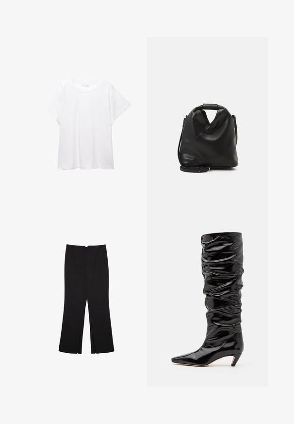 Vit t-shirt som är gjord av mjukt, lätt tyg. Har en rund halsringning och korta, vida ärmar med en avslappnad passform. Inga synliga mönster.; Svarta byxor med rak passform, utrustade med framfickor och sidoklyvningar vid fållen. Tillverkade av mjukt, slätt tyg. Lämpliga för olika tillfällen.; Svarta, blanka knälånga stövlar med rynkad textur, spetsig tå och låg konformad klack. Slät yta med subtil lyster.; Svart, mjukt läderhandtag med en unik vriden design. Har ett kort handtag och ett avtagbart axelband. Minimalistisk stil.