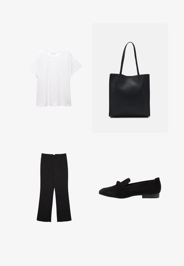 Bela majica s kratkimi rukavi, izdelana iz mehkega in lahkega blaga. Ima okroglo ovratnico ter kratke, široke rokave z udobnim krojem. Brez vidnih vzorcev.; Črne hlače ravnega kroja z naglavnimi žepi in stranskimi razporki na robu. Narejene iz mehke, gladke tkanine. Primerne za različne priložnosti.; Črne semiš balerinke s vozlom na prstih, gladko teksturo, koničasto obliko in nizkim pravokotnim petam.; Črna usnjena torba s svilnato teksturo, pravokotne oblike in dvema dolgima ročajema. Brez vidnih metalnih delov ali okrasnih elementov.