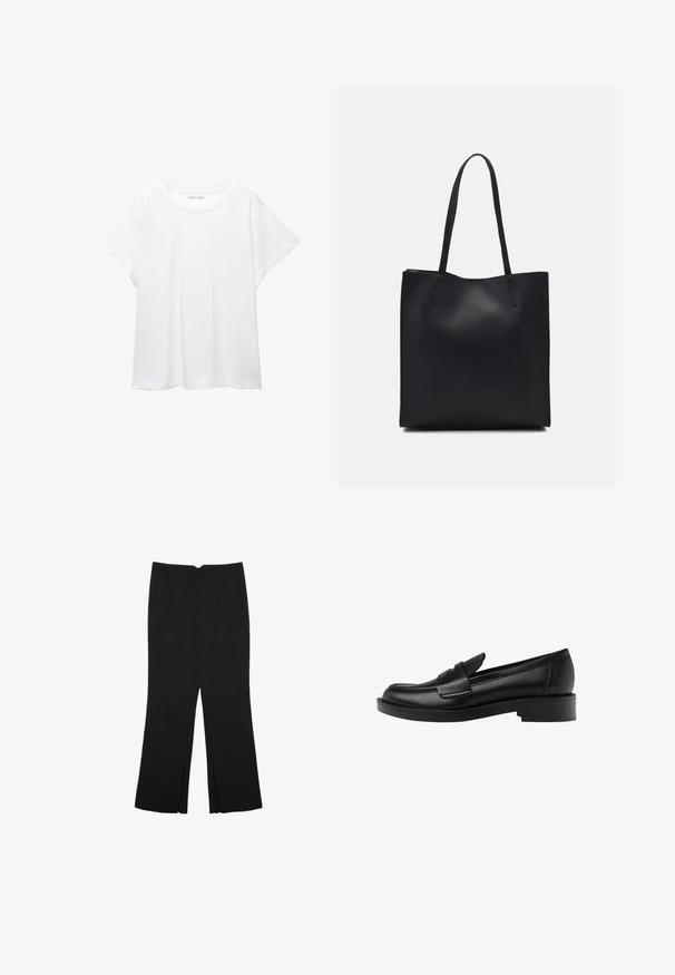 T-shirt bianco realizzato in un tessuto morbido e leggero. Presenta un collo rotondo e maniche corte e larghe con vestibilità morbida. Nessun motivo visibile.; Pantaloni neri a gamba dritta, con tasche frontali e spacchi laterali all'orlo. Realizzati in tessuto morbido e liscio. Adatti a diverse occasioni.; Mocassino in pelle nera con punta arrotondata, caratterizzato da un'importante cucitura sul davanti e un tacco basso per garantire stabilità.; Borsa tote in pelle nera con texture liscia, forma rettangolare e due manici lunghi. Nessun hardware o decorazione visibile.