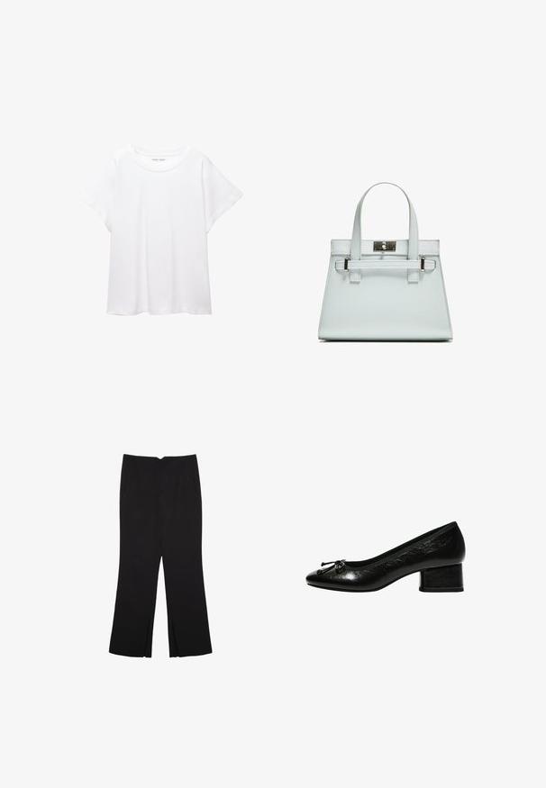 Bela majica s kratkimi rukavi, izdelana iz mehkega in lahkega blaga. Ima okroglo ovratnico ter kratke, široke rokave z udobnim krojem. Brez vidnih vzorcev.; Črne hlače ravnega kroja z naglavnimi žepi in stranskimi razporki na robu. Narejene iz mehke, gladke tkanine. Primerne za različne priložnosti.; Črne lakirane čevlje s peto s krožno konico, majhna blok peta in naguban dodatek spredaj. Gladka tekstura z sijajnim zaključkom.; Svetlo modra torbica z oblikovano zasnovo, dvema ročkama in kljuko iz srebrno-toniranega materiala. Teksturni material in ostri koti.