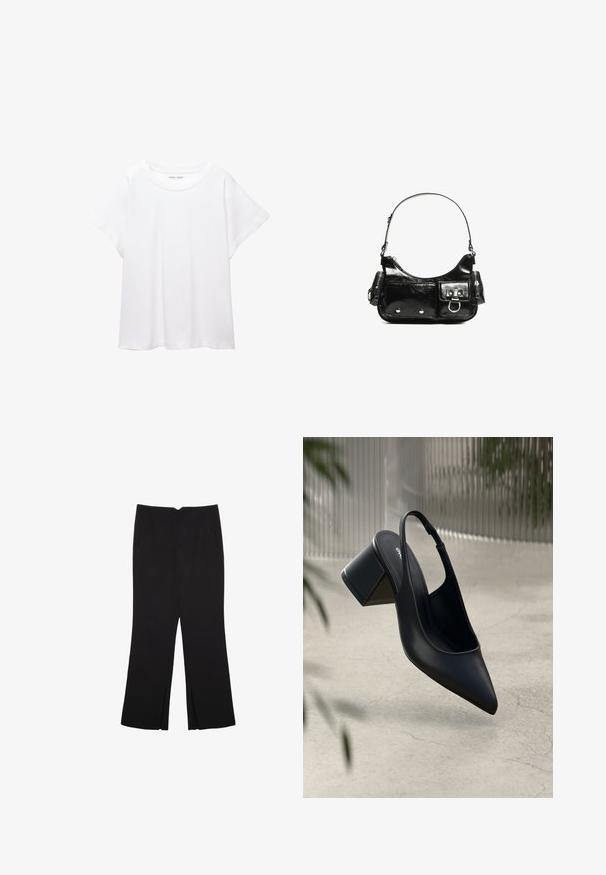 T-shirt bianco realizzato in un tessuto morbido e leggero. Presenta un collo rotondo e maniche corte e larghe con vestibilità morbida. Nessun motivo visibile.; Pantaloni neri a gamba dritta, con tasche frontali e spacchi laterali all'orlo. Realizzati in tessuto morbido e liscio. Adatti a diverse occasioni.; Sandal con tacco in pelle nera, con punta affilata e tacco a blocco. Texture liscia, design minimalista e cinturino alla caviglia regolabile.; Borsa a spalla in vernice nera con forma curvata, una tracolla, tasche frontali e dettagli in metallo argentato.