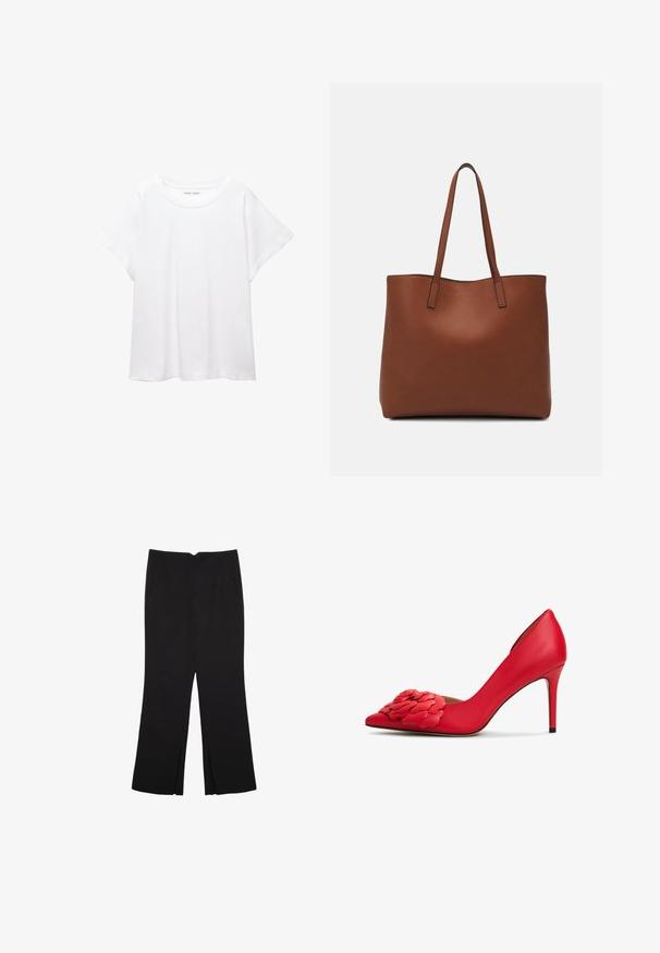 T-shirt blanc en tissu doux et léger. Il présente un col rond et des manches courtes et larges avec une coupe décontractée. Aucun motif visible.; Pantalon noir avec une coupe droite, doté de poches avant et d'éclairs sur l'ourlet. Fabriqué en tissu doux et lisse. Convient à diverses occasions.; Chaussure à talon aiguille en cuir rouge avec un bout pointu et un détail d'appliqué floral sur la boîte à orteils. Texture lisse avec un talon stiletto.; Sac fourre-tout en cuir marron avec une texture lisse, design à ouverture supérieure et deux poignées pour le porter à l'épaule. Présente des coutures minimales et aucun matériel visible.