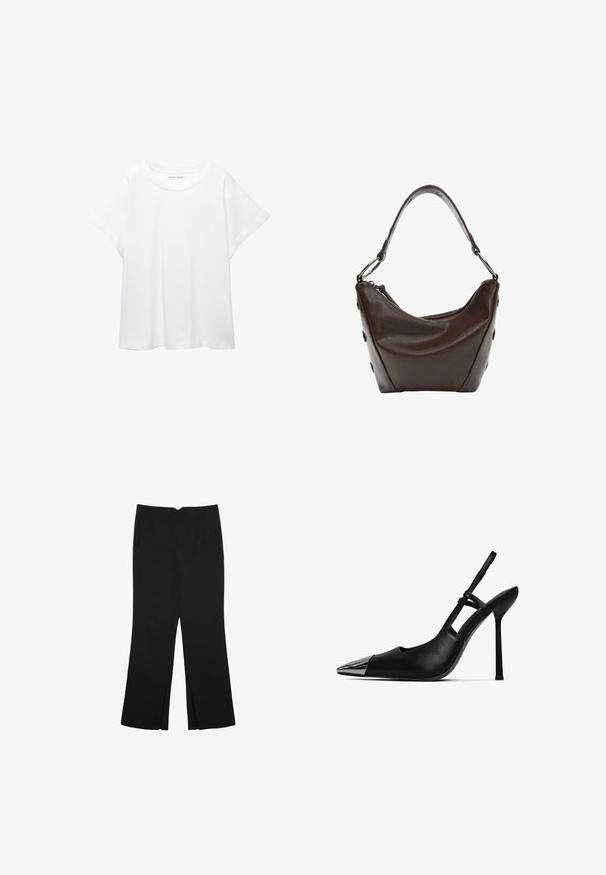 Valkoinen T-paita, joka on valmistettu pehmeästä ja kevyestä kankaasta. Omistaa pyöreän kaula-aukon ja lyhyet, leveät hihat rentoa istuvuutta varten. Ei näkyviä kuvioita.; Mustat housut suoralinjaisella leikkauksella, joissa on etutaskut ja sivurei'ät helman alla. Valmistettu pehmeästä ja sileästä kankaasta. Sopii eri tilaisuuksiin.; Musta slingback-korkokenkä, jossa on teräväkärkinen muotoilu ja kiiltävä metallinen kärki. Varustettu korkealla stiletto-korkealla ja kapealla nilkkahihnalla. Läpinäkyvä nahkatekstuuri.; Tumma ruskea nahkalaukku, jossa on kaareva muoto, vetoketjusuljenta ja lyhyt kahva. Varustettu metalliosilla ja koristeellisilla mustilla nappuloilla sivuilla.