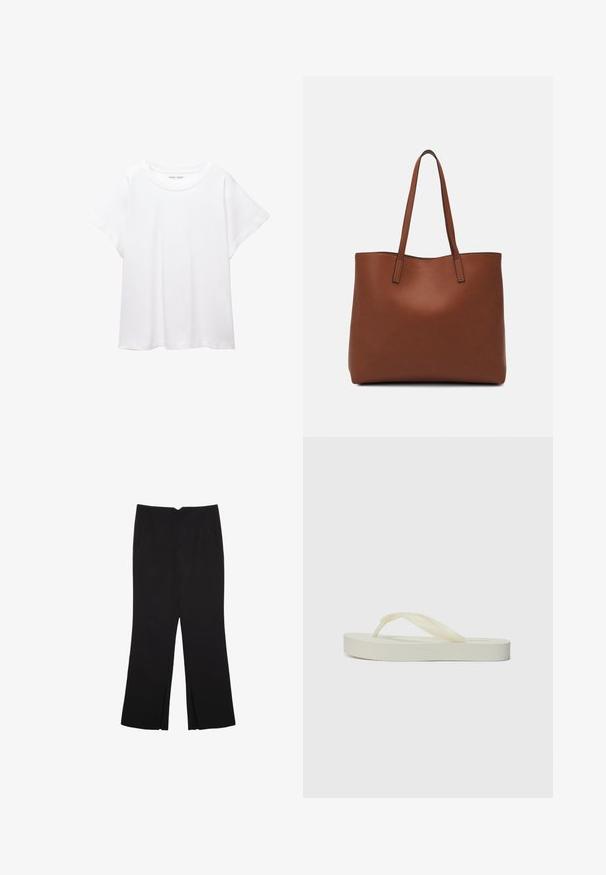 Vit t-shirt som är gjord av mjukt, lätt tyg. Har en rund halsringning och korta, vida ärmar med en avslappnad passform. Inga synliga mönster.; Svarta byxor med rak passform, utrustade med framfickor och sidoklyvningar vid fållen. Tillverkade av mjukt, slätt tyg. Lämpliga för olika tillfällen.; Ljusgräddfärgade flip-flops med platt sula, tjocka texturerade remmar och en slät yta. Mjukt material, minimalistisk design och ingen framträdande branding.; Brun läder tote-väska med en slät textur, öppen toppdesign och två axelremmar. Har minimal söm och ingen synlig metalldetalj.