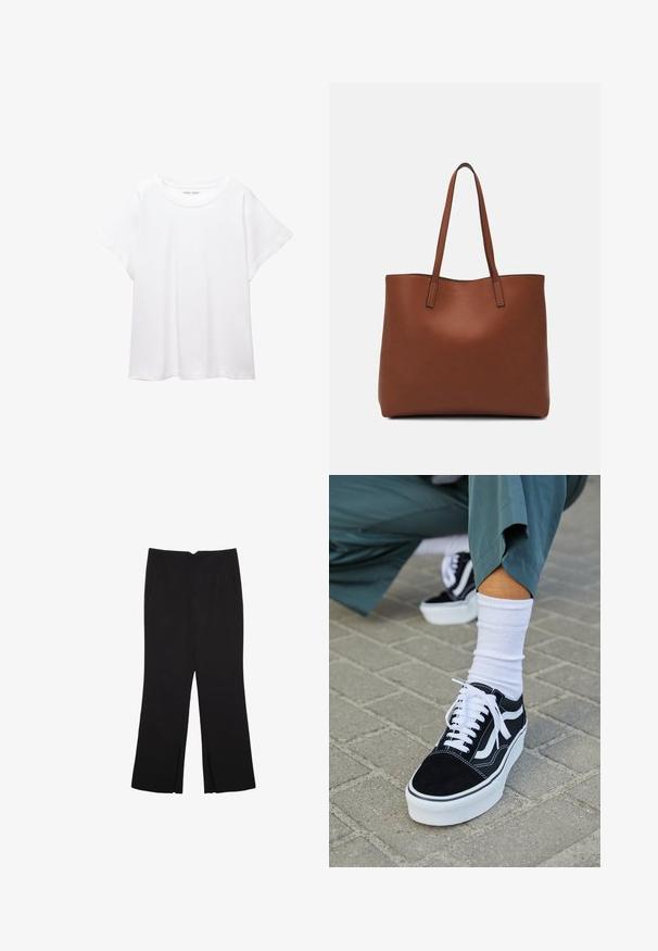 T-shirt bianco realizzato in un tessuto morbido e leggero. Presenta un collo rotondo e maniche corte e larghe con vestibilità morbida. Nessun motivo visibile.; Pantaloni neri a gamba dritta, con tasche frontali e spacchi laterali all'orlo. Realizzati in tessuto morbido e liscio. Adatti a diverse occasioni.; Sneaker in suede nero con dettagli e lacci bianchi, caratterizzato da una suola spessa bianca e cuciture a contrasto, abbinato a un calzino bianco.; Borsa tote in pelle marrone con texture liscia, design con apertura superiore e due spallacci. Presenta cuciture minime e nessun hardware visibile.