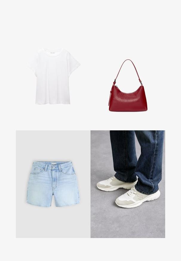 T-shirt bianco realizzato in un tessuto morbido e leggero. Presenta un collo rotondo e maniche corte e larghe con vestibilità morbida. Nessun motivo visibile.; Shorts in denim azzurro chiaro con design a cinque tasche, chiusura con bottone e orlo leggermente sfrangiato. Il tessuto presenta un aspetto morbido e testurizzato.; Sneakers in grigio chiaro e morbido beige in rete con accenti in suede. Presentano un design con lacci e una spessa suola in gomma bianca. Indossati con jeans blu.; Borsa a spalla in pelle rossa con un design curvo, texture liscia e chiusura con zip. Presenta un manico sottile per il trasporto.