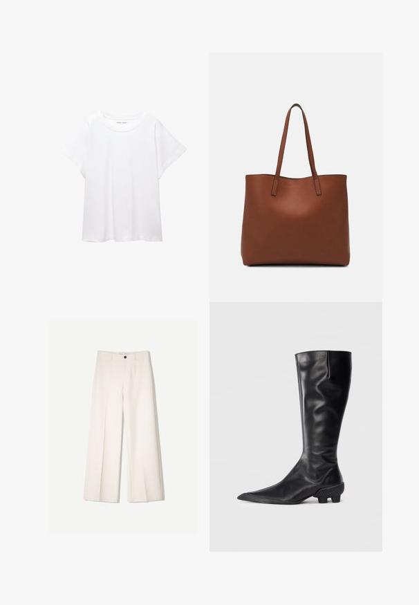 Biała koszulka wykonana z miękkiej, lekkiej tkaniny. Posiada okrągły dekolt oraz krótkie, szerokie rękawy, zapewniające luźny krój. Brak widocznych wzorów.; Kremowe spodnie szerokie z dopasowanym krojem, z dwoma przednimi kieszeniami i pojedynczym zapięciem na guzik z przodu, wykonane z gładkiego materiału.; Czarne wysokie botki wykonane z gładkiej skóry, z wydłużonym noskiem i teksturowanym, grubym obcasem dla lepszej przyczepności.; Brązowa skórzana torba tote o gładkiej fakturze, z otwartym wierzchem i dwoma ramiączkami. Charakteryzuje się minimalnym przeszyciem i brakiem widocznych elementów metalowych.