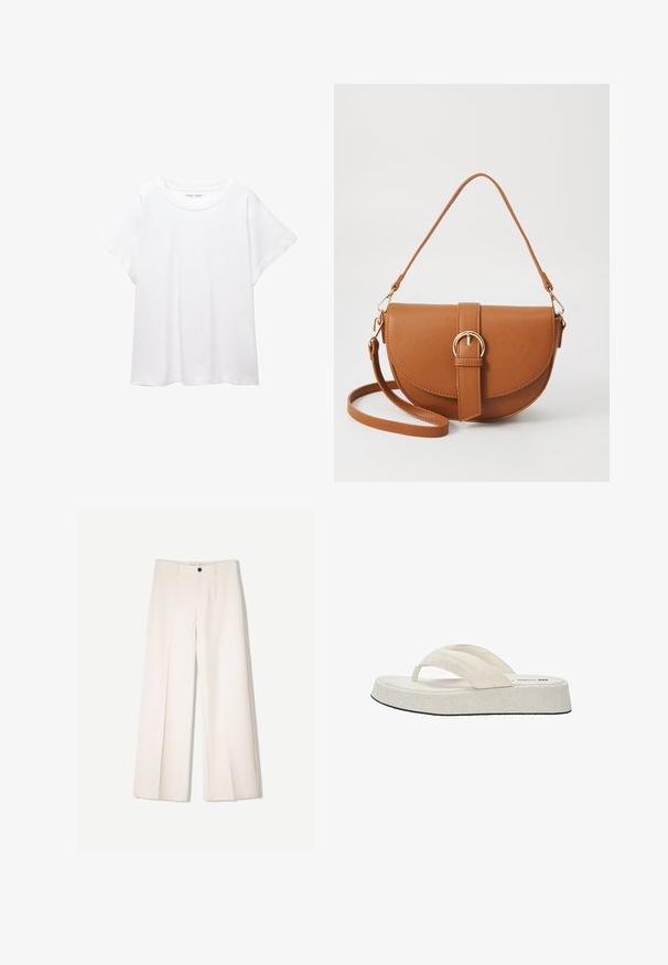 T-shirt blanc en tissu doux et léger. Il présente un col rond et des manches courtes et larges avec une coupe décontractée. Aucun motif visible.; Pantalons larges crème avec un design ajusté, comportant deux poches avant et une fermeture à un bouton sur le devant, fabriqués en tissu lisse.; Tongs beiges avec une tige en tissu texturé, deux brides et une semelle plate et rembourrée dotée d'une semelle extérieure noire. Design simple et minimaliste.; Sac bandoulière en cuir marron avec une forme incurvée, quincaillerie dorée et un accent en boucle. Comprend une bandoulière détachable.