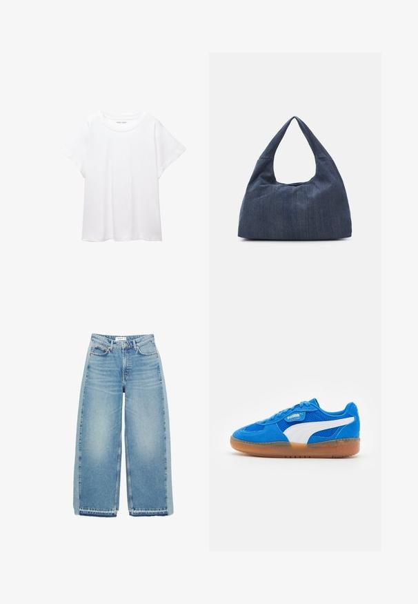 Fehér póló, puha, könnyű anyagból készült. Kerek nyakú, rövid, széles ujjaival és laza szabásával rendelkezik. Nincsenek látható minták.; Világoskék, bőszárú farmernadrág, magas derekú, gombos záródással, elülső zsebekkel és nyers szegéllyel.; Kék velúr sportcipők hálós panelek, fehér részletek és gumi talp. Fűzőkkel és logó címkével az oldalon.; Sötétkék farmer táska puha, laza formával, hobo-stílusú fogantyúval és textúrált felülettel. Látható fémrész nélküli.