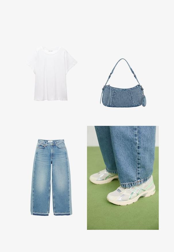 Bijela majica od mekane, lagane tkanine. Ima okrugli izrez i kratke, široke rukave s ležernim krojem. Bez vidljivih uzoraka.; Svijetloplave široke traperice napravljene od denima, s visokim strukom, kopčanjem na dugme, prednjim džepovima i sirovim rubom.; Bijele i srebrne mrežaste tenisice s zelenim akcentima, nosene s širokim plavim trapericama, stoje na zelenom tepihu.; Denimska torba s zakrivljenim oblikom, svijetloplave boje, podesivim remenom za rame i malim odvojivim džepom s metalnim akcentima.