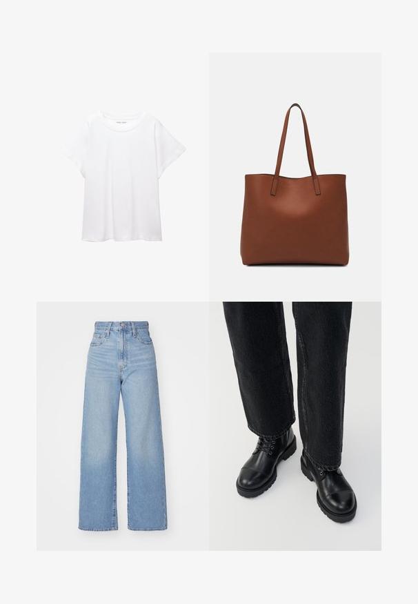 Vit t-shirt som är gjord av mjukt, lätt tyg. Har en rund halsringning och korta, vida ärmar med en avslappnad passform. Inga synliga mönster.; Ljusblå högmidjade vida jeans med knapp- och dragkedjestängning, fram- och bakfickor, mot en vit bakgrund.; Svart läderstövlar vid ankeln med rund tår, snörning och en robust, tjock sula. Kombinerat med mörka jeans som visar en rå fålldetalj.; Brun läder tote-väska med en slät textur, öppen toppdesign och två axelremmar. Har minimal söm och ingen synlig metalldetalj.
