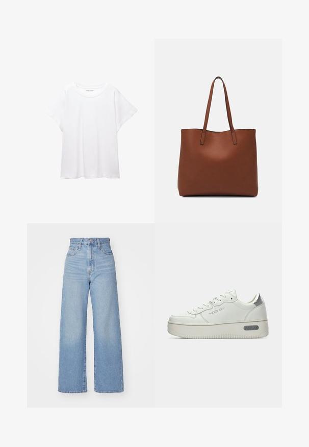 T-shirt bianco realizzato in un tessuto morbido e leggero. Presenta un collo rotondo e maniche corte e larghe con vestibilità morbida. Nessun motivo visibile.; Jeans a vita alta blu chiaro con gamba larga, chiusura frontale con bottone e zip, tasche anteriori e posteriori, su uno sfondo bianco.; Sneakers bianchi in pelle con suola testurizzata, caratterizzati da un tassello sul tallone in metallo silver e branding "REPLAY" sul lato. Design minimalista.; Borsa tote in pelle marrone con texture liscia, design con apertura superiore e due spallacci. Presenta cuciture minime e nessun hardware visibile.