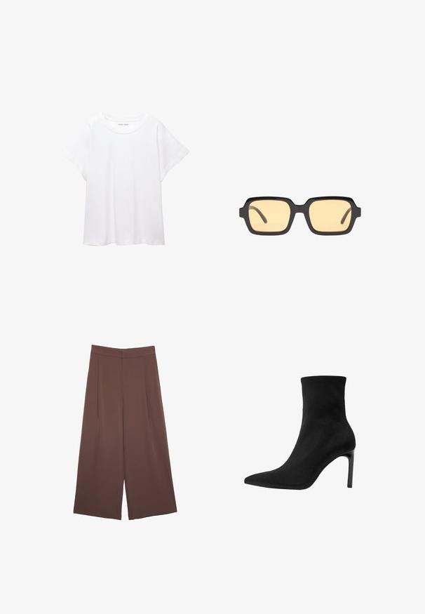 Valkoinen T-paita, joka on valmistettu pehmeästä ja kevyestä kankaasta. Omistaa pyöreän kaula-aukon ja lyhyet, leveät hihat rentoa istuvuutta varten. Ei näkyviä kuvioita.; Ruskeat leveälahkeiset housut, joissa on sileä pinta, korkea vyötärö ja etupleat. Kangas on kevyttä ja laskeutuu väljänä.; Mustat nilkkurit, jotka on valmistettu sileästä mokasta, kärjessä on terävä muotoilu ja korkea stiletto-korko. Tyylikäs, minimalistinen muotoilu ilman koristeita.; Mustat suorakulmaiset aurinkolasit keltaisilla linsseillä, kevytrakenteinen kehys ja erottuvat tylppäpäät tempuissa. Sujuva, kiiltävä pinta.; Ruskea nahkainen laukku, jossa on kerätty yläosa ja ketjuhihna. Tasainen pinta, jossa kiiltävä viimeistely ja hienovaraiset sauman yksityiskohdat sivuilla.