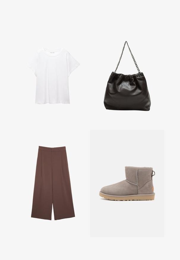 Bela majica s kratkimi rukavi, izdelana iz mehkega in lahkega blaga. Ima okroglo ovratnico ter kratke, široke rokave z udobnim krojem. Brez vidnih vzorcev.; Rjave široke hlače z gladko teksturo, ki imajo visok pas in sprednje naborke. Tkanina je lahka in prosto pada.; Sivi nubuk gleženjski čevlj z mehko teksturo, ojačanimi šivi, zaobljenim prstom in gumijastim podplatom, ki vsebuje majhno oznako na strani.; Rjava usnjena torba z nabranim vrhom in verižnim trakom. Gladka tekstura z sijajno površino in subtilnimi šivi na straneh.