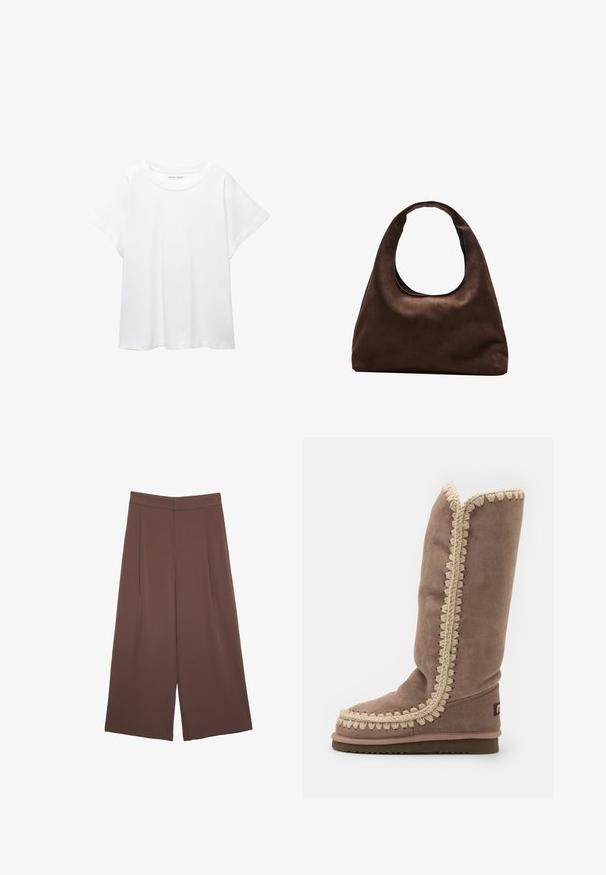 Bijela majica od mekane, lagane tkanine. Ima okrugli izrez i kratke, široke rukave s ležernim krojem. Bez vidljivih uzoraka.; Smeđe hlače širokog kroja s glatkom teksturom, koje imaju visok struk i nabore sprijeda. Tkanina je lagana i slobodno se kreće.; Visoka smeđa antilop čizma s složenim bež šavovima uz rub, zaobljenim vrhom i ravnim đonom. Jednostavan, elegantan dizajn.; Meka mekana smeđa torba hobo stila s jednim širokim remenom i zakrivljenim otvaranjem na vrhu, prikazana na bijeloj pozadini.