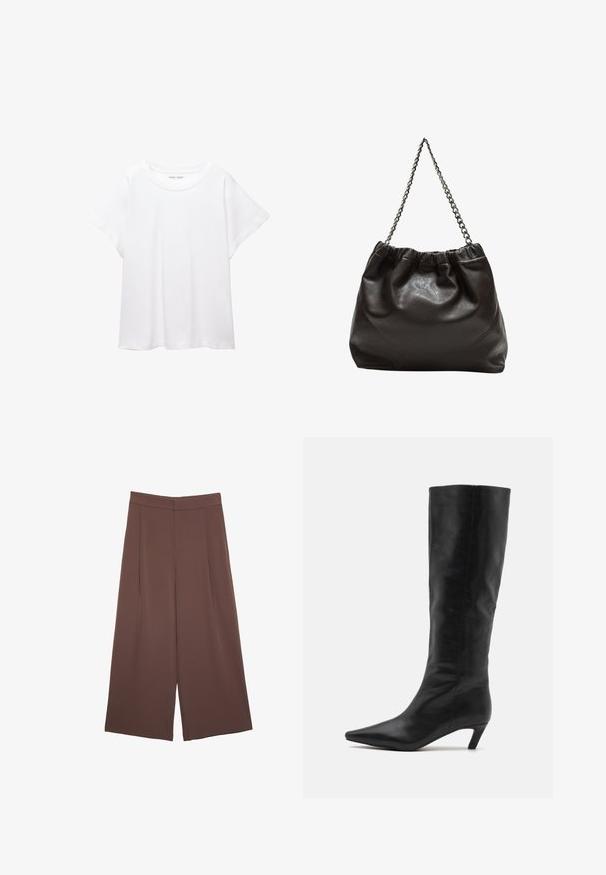 T-shirt bianco realizzato in un tessuto morbido e leggero. Presenta un collo rotondo e maniche corte e larghe con vestibilità morbida. Nessun motivo visibile.; Pantaloni ampi marroni con una texture liscia, caratterizzati da una vita alta e pieghe frontali. Il tessuto è leggero e scorre liberamente.; RAID FLAURA - Stivali alti - black; Borsa in pelle marrone con parte superiore arricciata e tracolla a catena. Texture liscia con finitura lucida e dettagli di cucitura sottili sui lati.