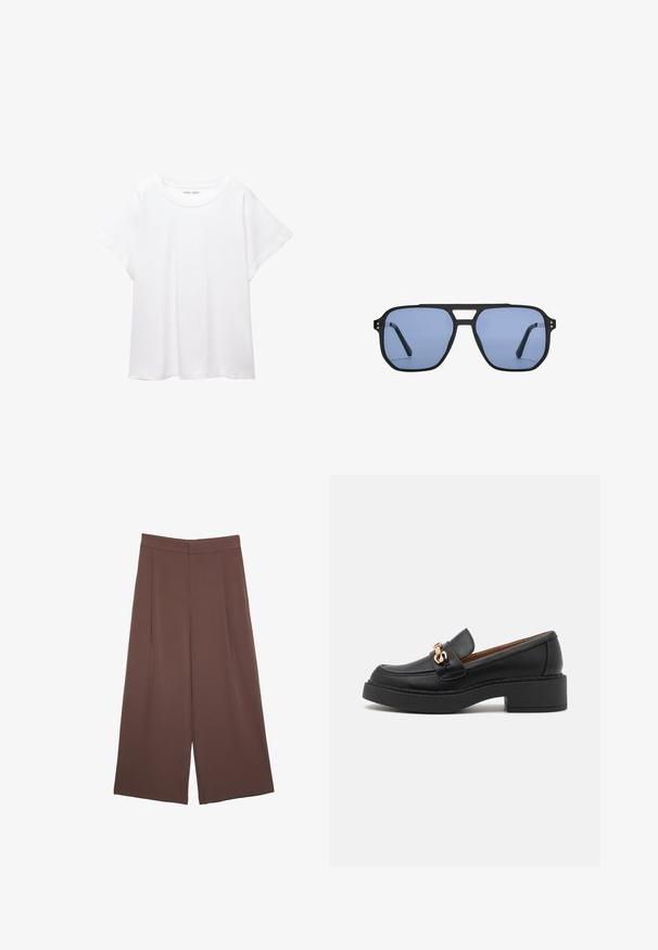 Vit t-shirt som är gjord av mjukt, lätt tyg. Har en rund halsringning och korta, vida ärmar med en avslappnad passform. Inga synliga mönster.; Bruna vida byxor med en slät textur, som har hög midja och framfickor. Tyget är lätt och flödar löst.; Svarta läder loafers med en kraftig plattformsula, med en framträdande guldfärgad detalj på toppen och synliga sömnadsdetaljer.; Stradivarius RETRO - Solglasögon - light blue