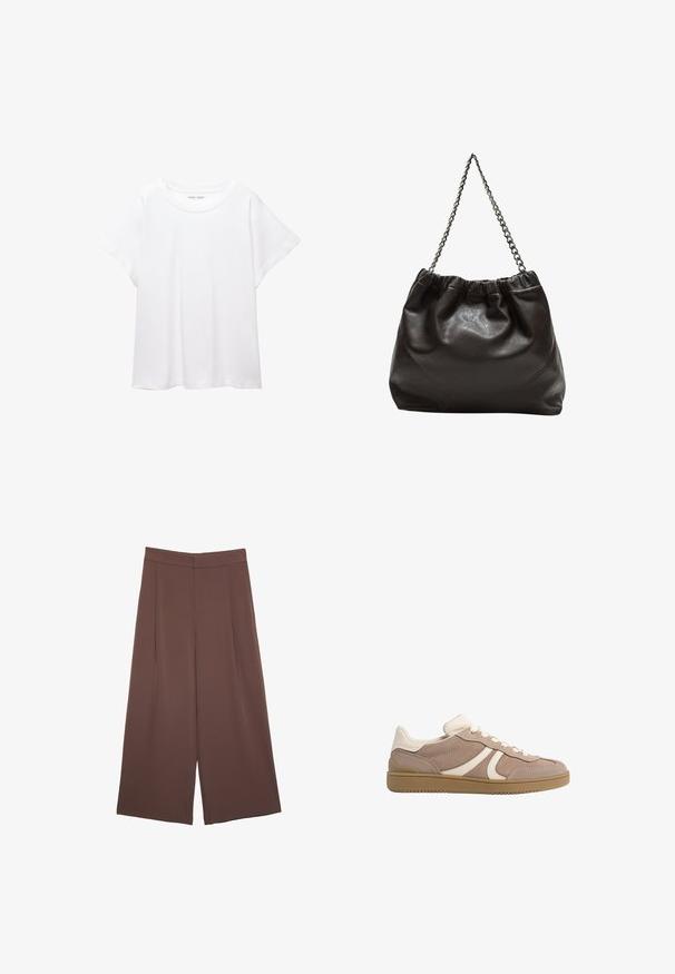 T-shirt bianco realizzato in un tessuto morbido e leggero. Presenta un collo rotondo e maniche corte e larghe con vestibilità morbida. Nessun motivo visibile.; Pantaloni ampi marroni con una texture liscia, caratterizzati da una vita alta e pieghe frontali. Il tessuto è leggero e scorre liberamente.; Sneaker con tomaia in suede beige con accenti crema, punta rotonda, chiusura con lacci e suola in gomma testurizzata per una migliore aderenza.; Borsa in pelle marrone con parte superiore arricciata e tracolla a catena. Texture liscia con finitura lucida e dettagli di cucitura sottili sui lati.