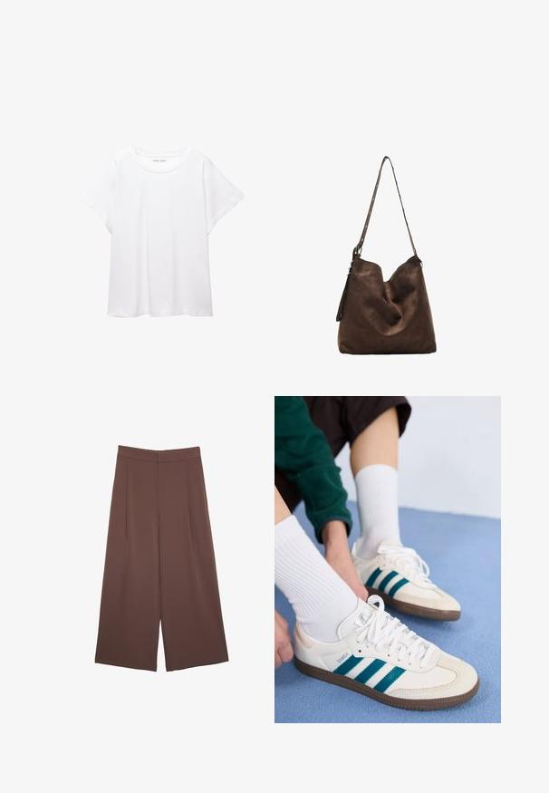 Weißes T-Shirt aus weichem, leichtem Stoff. Mit runder Halslinie und kurzen, weit geschnittenen Ärmeln für einen lässigen Sitz. Keine sichtbaren Muster.; Braune Weite-Leg-Hosen mit einer glatten Textur, hoher Taille und Vorderfalten. Der Stoff ist leicht und fällt locker.; Weiße Sportschuhe mit türkisfarbenen Streifen, strukturiertem Obermaterial und braunen Gummisohlen. Kombiniert mit weißen gerippten Socken.; Braune Wildleder-Hobo-Tasche mit geschwungenem oberen Teil, einem langen Trageriemen mit Punktakzenten und einer weichen Textur. Verfügt über ein lässiges Design für den täglichen Gebrauch.