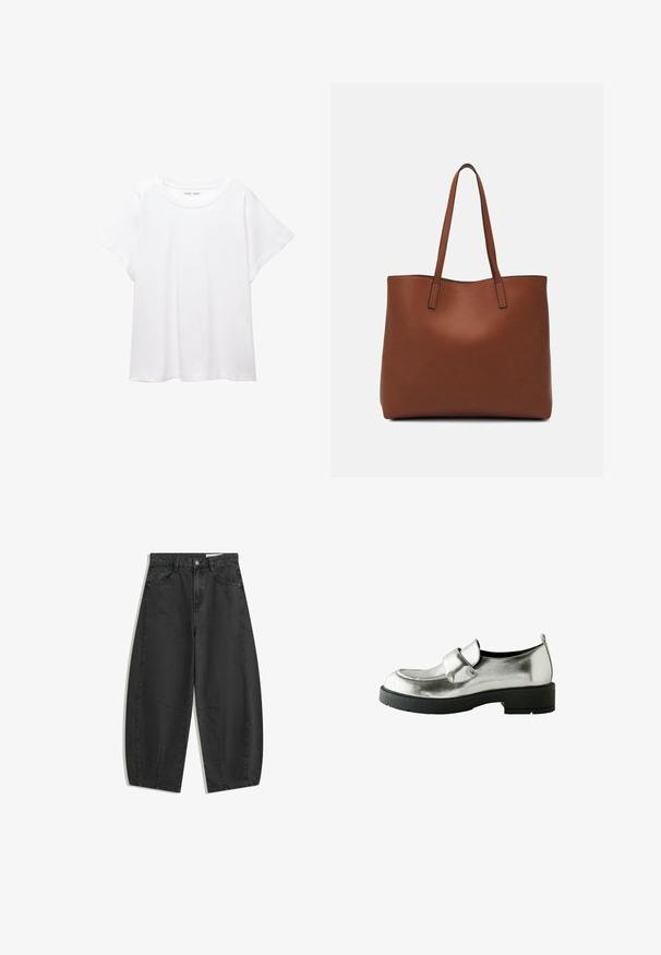White T-shirt made of soft, lightweight fabric. Features a round neckline and short, wide sleeves with a relaxed fit. No visible patterns.; Black wide-leg jeans with high waist, front pockets, belt loops, and button closure, displayed flat on a white background.; Silver metallic loafers with a rounded toe, strap accent, and a thick black rubber sole. Smooth texture and minimalistic design.; Brown leather tote bag with a smooth texture, open top design, and two shoulder straps. Features minimal stitching and no visible hardware.