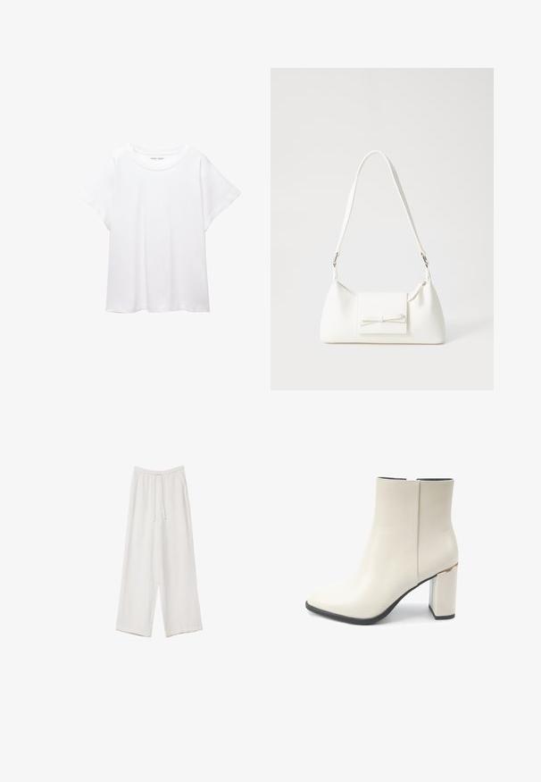 Weißes T-Shirt aus weichem, leichtem Stoff. Mit runder Halslinie und kurzen, weit geschnittenen Ärmeln für einen lässigen Sitz. Keine sichtbaren Muster.; Weiße weit geschnittene Hose aus leichtem Stoff. Mit einem elastischen Bund und Kordelzug sowie Seitentaschen. Glatte Textur.; Weiße Knöchelstiefel mit einer glatten Lederoberfläche, quadratischer Spitze und einem klobigen, metallisch akzentuierten Absatz. Schwarze Sohle sichtbar an der Unterseite.; Weiße synthetische Handtasche in dreieckiger Form, flache Vorderklappe und Schleifendetail, verstellbarer Trageriemen, glatte Textur und minimalistisches Design.