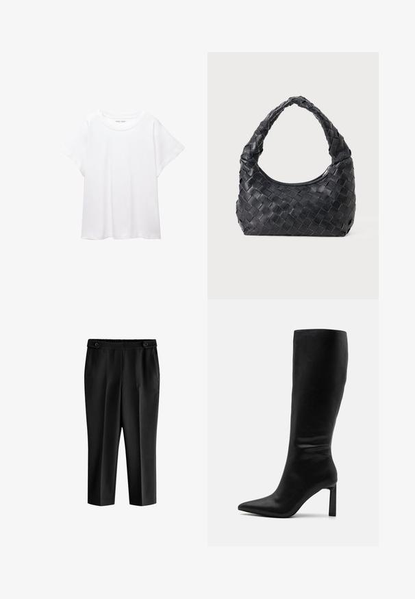 Hvid T-shirt lavet af blødt, let stof. Har en rund halsudskæring og korte, brede ærmer med en afslappet pasform. Ingen synlige mønstre.; Sorte cropped bukser med en afslappet pasform, elastisk talje og to frontlommer. Stoffet har en glat tekstur med en let blank overflade.; Even&Odd Høje støvler/ Støvler - black; Sort læder vævet skuldertaske med et afrundet håndtag og en halvmåneformet krop på en ensfarvet baggrund.