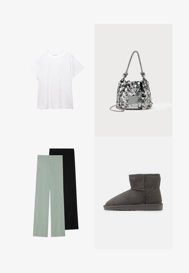 Bílý tričko vyrobené z měkké, lehké tkaniny. Má kulatý výstřih a krátké, široké rukávy s uvolněným střihem. Bez viditelných vzorů.; Dva páry kalhot s širokými nohavicemi: jedny v světle zelené barvě a jedny v černé. Měkká tkanina s elastickým pasem, která zobrazuje jednoduchou, hladkou texturu.; Šedé semišové kotníkové boty s kulatou špičkou a měkkou vnitřní podšívkou. Mají plochou gumovou podrážku a minimální švy.; Malá stříbrná kabelka pokrytá velkými flitry s uzlem na rukojeti a řetízkovým popruhem, na přední straně s logem značky Guess.