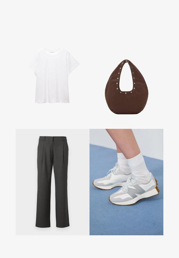 Hvid T-shirt lavet af blødt, let stof. Har en rund halsudskæring og korte, brede ærmer med en afslappet pasform. Ingen synlige mønstre.; Mørkegrå formelle bukser med lige ben, bæltestropper og frontfolder, præsenteret mod en hvid baggrund.; Lysegrå træningssko med hvide accenter, struktureret stof og gummisåler, båret med hvide ribbede sokker på en blå overflade.; Brun tote taske med en buet form, udstyret med et stort udsnit håndtag dekoreret med sølvnitter langs kanten. Fremstillet af blødt stof.