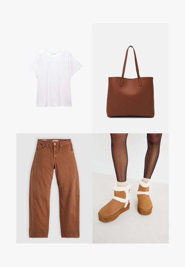 Bela majica s kratkimi rukavi, izdelana iz mehkega in lahkega blaga. Ima okroglo ovratnico ter kratke, široke rokave z udobnim krojem. Brez vidnih vzorcev.; Rjavi rjavi ravni hlače z zadrgo in zankami za pas, z zadnjimi in sprednjimi žepi ter kovinskimi zakovicami, razpolagane na beli podlagi.; Rjavi semišankle čevlji z belim umetnim krznom in platformo, ki vključujejo zasnovo križne naramnice. Gladka tekstura in zaobljen nos.; Rjava usnjena torba z gladko teksturo, odprto zasnovo zgoraj in dvema naramnima trakovoma. Opremljena je z minimalnim šivanjem in brez vidnih kovinskih delov.