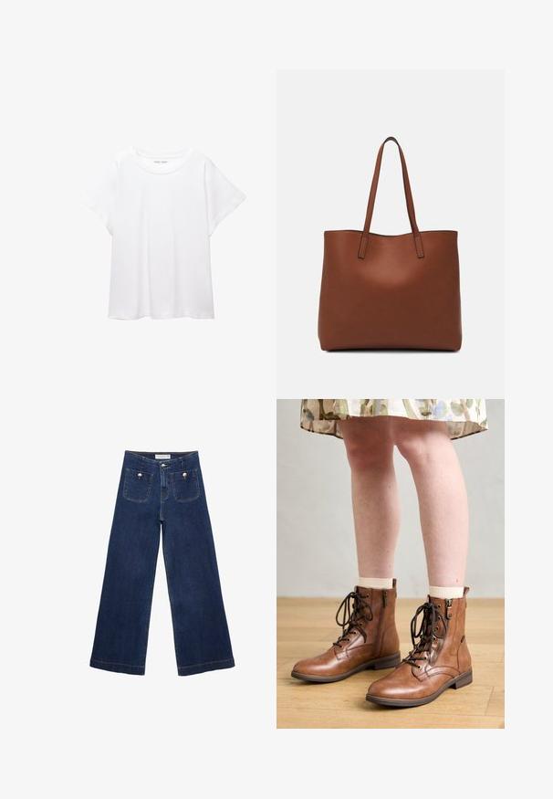 Bela majica s kratkimi rukavi, izdelana iz mehkega in lahkega blaga. Ima okroglo ovratnico ter kratke, široke rokave z udobnim krojem. Brez vidnih vzorcev.; Temno modri široki jeans iz denima, z dvema sprednjima žepoma s dekorativnimi gumbi in ravnim robom.; Rjave usnjene gležnjarje z detajli vezalk in zadrge. Imajo okroglo kapico in nizko peto, v kombinaciji s kremnimi nogavicami in cvetlično krilo.; Rjava usnjena torba z gladko teksturo, odprto zasnovo zgoraj in dvema naramnima trakovoma. Opremljena je z minimalnim šivanjem in brez vidnih kovinskih delov.