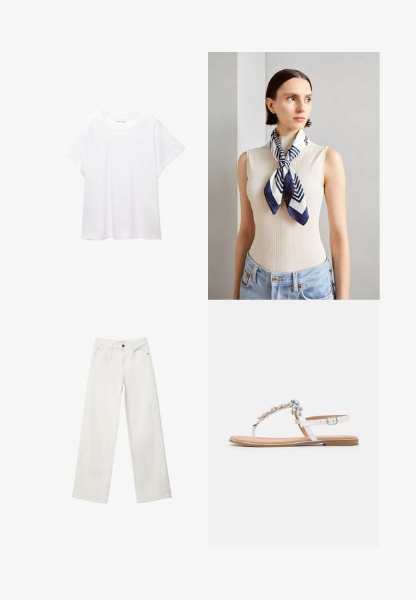 Bijela majica od mekane, lagane tkanine. Ima okrugli izrez i kratke, široke rukave s ležernim krojem. Bez vidljivih uzoraka.; Bijele široke traperice od denima, s visokim strukom, dizajnom od pet džepova i metalnim zatvaračem. Glatka tekstura, bez uzoraka.; Bijele ravne sandale s T-bar dizajnom, ukrašene prozirnim draguljima. Potplat je svijetlo smeđe boje s tankim, ravnim profilom. Podesiva naramenica za zapešće.; Svila marama u tamnoplavoj i bijeloj boji s geometrijskim zigzag uzorkom. Glatka tekstura, uredno vezana oko vrata, koja dodatno ističe rebrasti top.; Torba tipa hobo napravljena od mekog, zamjenskog materijala u svijetloj bež boji. Ima zaobljen oblik, široku naramenicu i zatvaranje na zip.