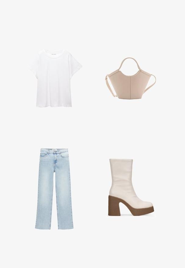 T-shirt blanc en tissu doux et léger. Il présente un col rond et des manches courtes et larges avec une coupe décontractée. Aucun motif visible.; Jean large bleu clair en denim avec taille haute, cinq poches et fermeture à boutons. Présente des détails de couture minimalistes.; Bottes plateforme blanches en cuir, arrivant jusqu'au genou, avec un talon épais en brun texturé, présentant un dessus lisse et un design à bout rond.; Sac à main en cuir beige avec une forme unique, doté de deux poignées courtes et d'une longue sangle réglable. Texture lisse avec un minimum de matériel.