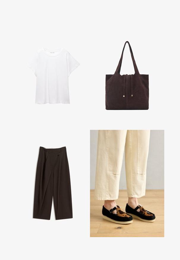 Weißes T-Shirt aus weichem, leichtem Stoff. Mit runder Halslinie und kurzen, weit geschnittenen Ärmeln für einen lässigen Sitz. Keine sichtbaren Muster.; Dunkelbraune, weite Hosen mit hohem Bund, die über einen einzigen Knopfverschluss und eine gefaltete Vorderseite verfügen. Hergestellt aus leichtem Stoff.; Schwarze und braun gepunktete Slipper mit beiger Sohle und T-Träger-Design, aus strukturiertem Material, getragen mit cremefarbene Hosen.; Mango Shopping Bag - dark brown