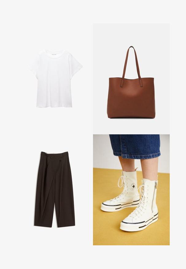 T-shirt bianco realizzato in un tessuto morbido e leggero. Presenta un collo rotondo e maniche corte e larghe con vestibilità morbida. Nessun motivo visibile.; Pantaloni a gamba larga marrone scuro con vita alta, dotati di una chiusura con bottone singolo e una parte anteriore plissettata. Realizzati in tessuto leggero.; Sneakers bianchi alte con chiusura a zip, design con lacci e dettagli a strisce nere su una suola spessa. Materiale in tela testurizzata.; Borsa tote in pelle marrone con texture liscia, design con apertura superiore e due spallacci. Presenta cuciture minime e nessun hardware visibile.