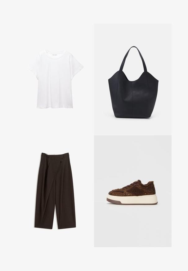Fehér póló, puha, könnyű anyagból készült. Kerek nyakú, rövid, széles ujjaival és laza szabásával rendelkezik. Nincsenek látható minták.; Sötétbarna, bő szárú nadrág magas derékkal, egyetlen gombos záródással és redős elülső résszel. Könnyű anyagból készült.; Barna platform sportcipők, melyek texturált anyaggal és csillogó kiegészítőkkel rendelkeznek, puha nyakkal és tartós gumitalppal.; Fekete tote táska sima bőrből, ívelt, nyitott tetővel és két vállpánttal, minimális dizájnnal.