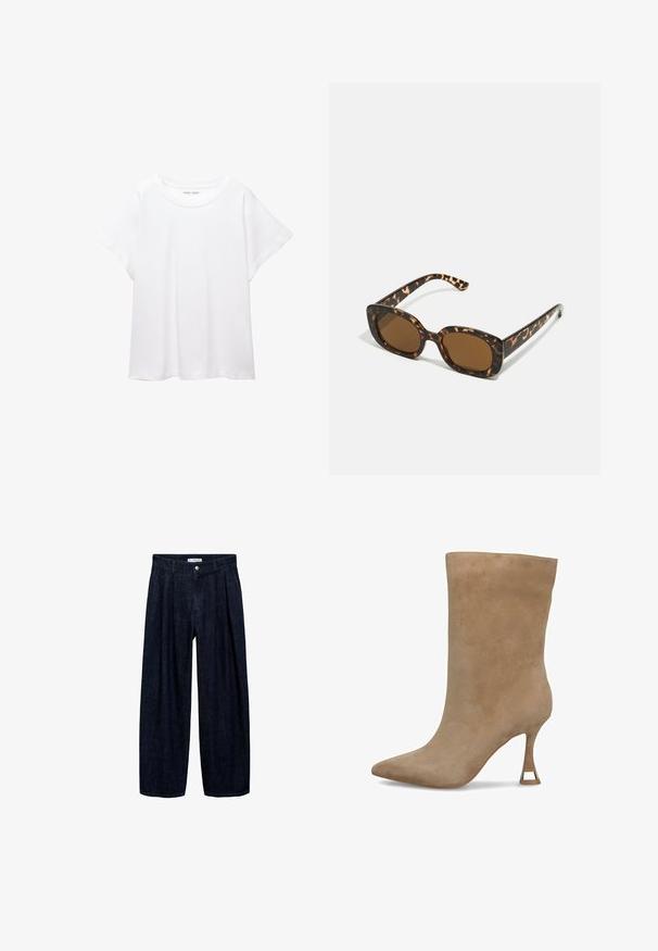 Tricou alb dintr-un material moale și ușor. Prezintă un decolteu rotund și mâneci scurte, largi, cu un croi lejer. Fără modele vizibile.; Pantaloni largi din denim închis, cu pliseuri la talie, având un button frontal și pasaje pentru curea. Textură netedă și design pe întreaga lungime.; Botine din suede bej, cu vârf ascuțit, ținută ajustată și toc înalt îngust, având un accent de tonalitate aurie la bază.; Ochelari de soare cu chelă de broască țestoasă, având un cadru rotund și voluminos, cu lentile maro. Prezintă modele subtile și brațe drepte, conice.; Geantă tote neagră din piele, cu textură netedă, formă rectangulară și două mânere lungi. Fără hardware vizibil sau ornamente.