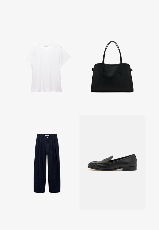 Valkoinen T-paita, joka on valmistettu pehmeästä ja kevyestä kankaasta. Omistaa pyöreän kaula-aukon ja lyhyet, leveät hihat rentoa istuvuutta varten. Ei näkyviä kuvioita.; Tummansinisiä leveälahkeisia housuja, joissa on laskoksia vyötäröllä, etupainike ja vyön lenkit. Sujuva rakenne ja täyspitkä muotoilu.; Mustat nahka loaferit pyöreällä varpaalla, joissa on kudottu muotoilu etupuolella, matala korko ja sileä pinta. Ei lisäkoristeluja.; Mustavihreä nahkalaukku, jossa on kaksinkertaiset olkahihnat, suorakaiteen muotoinen ja minimalistinen muotoilu valkoisella taustalla.