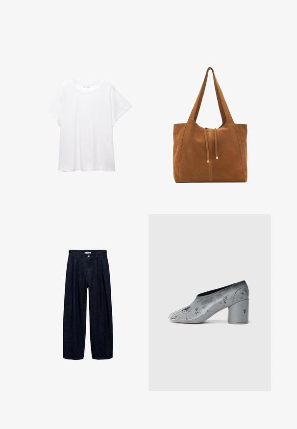 Bílý tričko vyrobené z měkké, lehké tkaniny. Má kulatý výstřih a krátké, široké rukávy s uvolněným střihem. Bez viditelných vzorů.; Tmavě modré rozšířené kalhoty z denimu s přehyby v pase, vybavené předním knoflíkem a poutky na opasek. Hladká textura a design v plné délce.; Šedé kožené polobotky s nízkým podpatkem a designem černých skvrn, zobrazené v bočním profilu na bílém pozadí.; Hnědá semišová taška s dvěma dlouhými popruhy, stahovací šňůrkou a minimalistickým designem. Hladký povrch a žádné viditelné kovové akcenty.