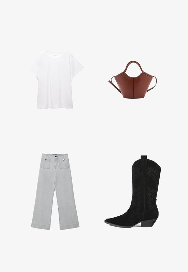 Biała koszulka wykonana z miękkiej, lekkiej tkaniny. Posiada okrągły dekolt oraz krótkie, szerokie rękawy, zapewniające luźny krój. Brak widocznych wzorów.; Spodnie o szerokich nogawkach w jasnoszarym denimu, z dwoma przednimi kieszeniami, metalowymi zapięciami i schludnym wykończeniem z podwiniętymi brzegami.; Czarne zamszowe kowbojki z ostrym czubkiem, średniej wysokości cholewką i zygzakowymi detalami szycia. Posiadają niski, zwężający się obcas.; Brązowa skórzana torba o stożkowatym kształcie, mocne uchwyty i kontrastowe białe przeszycia. W zestawie odpinany pasek na ramię, co daje możliwość różnorodnego noszenia.