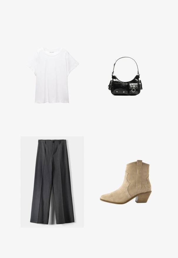 Fehér póló, puha, könnyű anyagból készült. Kerek nyakú, rövid, széles ujjaival és laza szabásával rendelkezik. Nincsenek látható minták.; Széles szárú nadrág sötétszürke anyagból, gombos záródással, elülső redőkkel és övhurkokkal. Simára kialakított textura, igényes szabással.; Beigeszínű velúr bokacsizma hegyes orral, hullámos mintázattal, húzófüllel és réteges sarokkal, amely tapadássegítő textúrázott talppal rendelkezik.; Fekete lakkbőr kézitáska ívelt formával, egy vállpánttal, elülső zsebekkel és ezüstszínű fémrészletekkel.