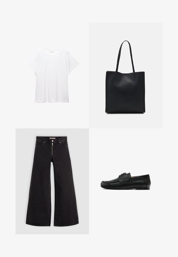 Biała koszulka wykonana z miękkiej, lekkiej tkaniny. Posiada okrągły dekolt oraz krótkie, szerokie rękawy, zapewniające luźny krój. Brak widocznych wzorów.; Jeans o szerokich nogawkach w czarnym denienie z zamkiem błyskawicznym z przodu, pięcioma kieszeniami i subtelnymi detalami przeszycia. Gładka tekstura i swobodny styl.; Czarne skórzane mokasyny z okrągłym noskiem, dekoracyjnym szwem z przodu i dwoma bocznymi akcentami. Gładka faktura z niskim, solidnym obcasem.; Czarna skórzana torba tote o gładkiej fakturze, prostokątnym kształcie i dwóch długich uchwytach. Brak widocznych elementów metalowych i ozdób.