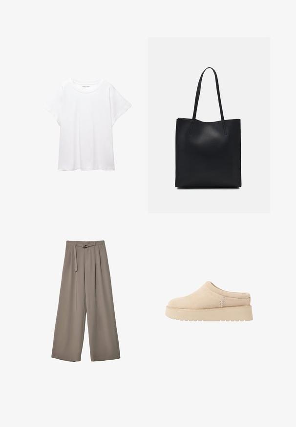 T-shirt bianco realizzato in un tessuto morbido e leggero. Presenta un collo rotondo e maniche corte e larghe con vestibilità morbida. Nessun motivo visibile.; Pantaloni a gamba larga in un morbido tessuto grigio tenue, con vita con cintura e pieghe per un tocco di design aggiuntivo. Texture liscia, senza motivi.; Scarpe slip-on in suede beige con punta arrotondata e suola piatta spessa e texturizzata. Presentano cuciture minime e un design morbido.; Borsa tote in pelle nera con texture liscia, forma rettangolare e due manici lunghi. Nessun hardware o decorazione visibile.