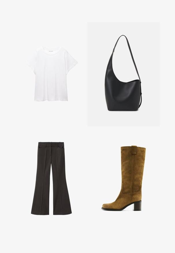 Weißes T-Shirt aus weichem, leichtem Stoff. Mit runder Halslinie und kurzen, weit geschnittenen Ärmeln für einen lässigen Sitz. Keine sichtbaren Muster.; Schwarze, weit geschnittene Hosen mit hoher Taille; verfügt über zwei Fronttaschen und eine glatte Stoffoberfläche. Geeignet für verschiedene Anlässe.; Braune Wildlederstiefel bis zum Knie mit quadratischer Zehenform und Blockabsatz. Verfügt über ein Seitenpanel und eine Zuglasche am oberen Ende für einfaches An- und Ausziehen.; Schwarze Leder-Hobo-Tasche mit einer glatten Textur, geschwungener Form und einem einzelnen verstellbaren Tragegurt; verfügt über eine weite Öffnung am oberen Ende.