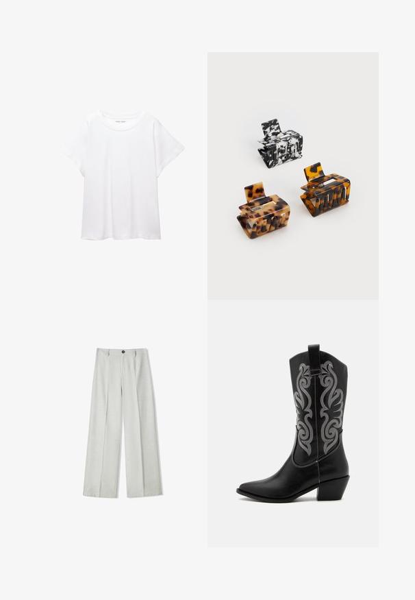 Vit t-shirt som är gjord av mjukt, lätt tyg. Har en rund halsringning och korta, vida ärmar med en avslappnad passform. Inga synliga mönster.; Ljust grå vida byxor i ett strukturerat tyg, med fickknäppning och två veck fram för extra detalj.; Svarta lädercowboykängor med spetsig tå, midikalvhöjd, med silverkomplicerad broderi och en staplad klack.; Tre hårklämmor: en svart-vit marmorerad, två sköldpaddsmönstrade i bruna och svarta nyanser, alla gjorda av glänsande plast med en texturerad yta.